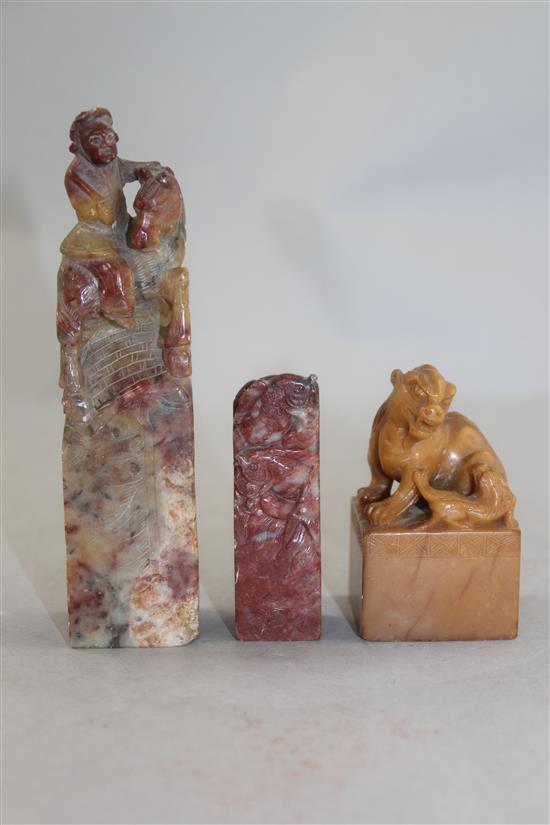 Three Chinese soapstone seals, 6.5 - 12.5cm